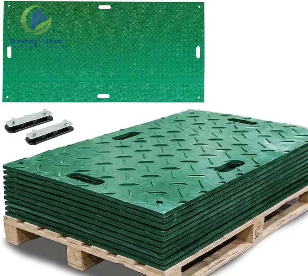 How to Calculate How Many Ground Protection Mats You Need for a Construction Project插图1 Green HDPE ground protection mats with anti-slip surface, carrying handles, connectors, and stacked panels on a wooden pallet