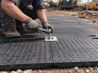 How Can Ground Protection Mat Damage Be Prevented During Installation and Removal?插图2 Worker tightening a metal connector on black ground protection mats during installation at a construction site